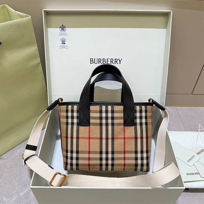 burberry freya vintage check canvas leather trim medium tote bag
